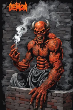 smoking attraktive demon with tattoo in hell, dark magic, light red black and white dark grey , dark steel dark red, orange, grey light orange, dark evening, comics, dark things in hell, dirty, brick wall, shadow, smoke, fire, professional photo, photorealistic, highly detailed, masterpiece