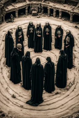 skeletons dressed in long black robes standing in a circle