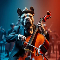 a gray pit bull twearing a hat and a nice suit playing the cello in the centre .of a big orchestra background with a smooth gradient in warm blue tones,