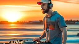 short beard man with cap, DJ play records ,at seaside background, full body, sunset