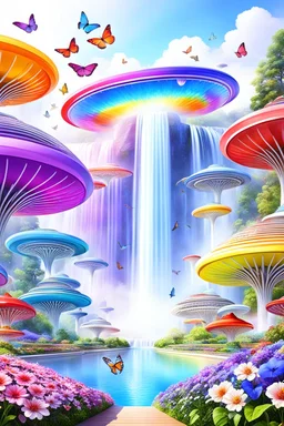 colors, very beautiful, flowers garden,rainbow, cité très futuriste ultra moderne, ufos rainbow, ufos fleet, intergalactic, birds, butterfly, cascades, falls