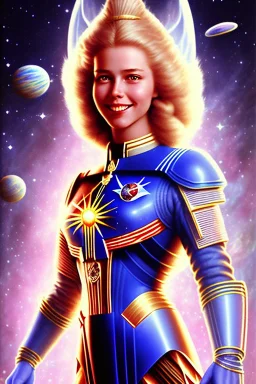 cosmic woman smile, admiral from the future, one fine whole face, crystalline skin, expressive blue eyes,rainbow, smiling lips, very nice smile, costume pleiadian, Beautiful tall woman pleiadian Galactic commander, ship, perfect datailed golden galactic suit, high rank, long blond hair, hand whit five perfect detailed finger, amazing big blue eyes, smilling mouth, high drfinition lips, cosmic happiness, bright colors, blue, pink, gold, jewels, realist, purple hairs