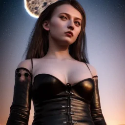 hyper realistic, young russian girl, dark air. blue eyes. tatoos on skin. dressed in leather. bra with carved leather and metal. Tintoretto. high details, meteor shower. 4k, unreal engine