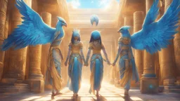 pleiadian , lyrans and blue avians walking around in ancient Egypt realistic, photorealistic symmetric, art by , Yuumei wlop, in the style of , Pixiv Ghibli, natural lighting sunlight, smiling peaceful friendship, Octane 4k highly detailed intricate scenery very detailed reflections