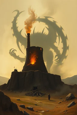 Paleolithic power plant.with a big shadow of an blurred evil creature in the background, Bosch painting style