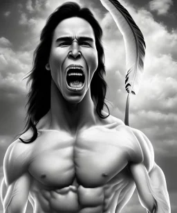 native american warrior, long black hair, big muscles, face up, mouth wide open, scream face, shirtless, looking to the sky