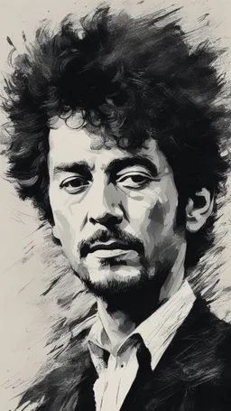 chiaroscuro portrait illustration of Bob Dylan in the style of threadbare abstract expressionism, ebony , black, and pewter , vintage abstract cut-and-paste, ricoh gr iii, editorial illustrations, fine lines, highly detailed hair and facial features