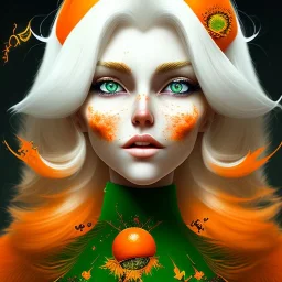 fantasy setting, woman, orange and white hair, wavy hair, freckles, ranger, more orange hair, more white hair, green eyes, more white hair, more white hair