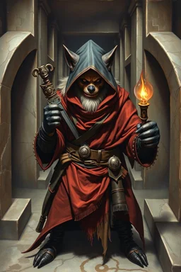 master oil painting with some air brush, fluffy human thief ninja hyena merchant sailor priest realistic and creepy, with gauntlets , straight from the lich lab, in marble labyrinth, in the style of Escher and Titian