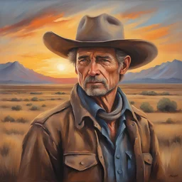 matte oil painting on canvas, portrait of a weathered cowboy at sunset, medium brush strokes, colorful Montana scenic prairie background, depiction of light in in its changing qualities, beautiful, nostalgic, smooth
