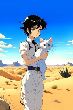 Meryl Stryfe Trigun young girl short black hair anime white clothes standing in the desert with a cat in her arms