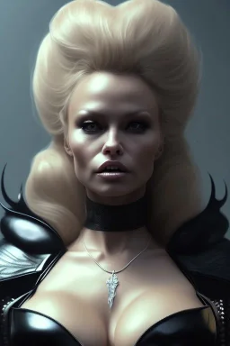 Pamela Anderson as evil queen in black leather, leather, busty, cleavage, angry, stern look. character design by cory loftis, fenghua zhong, ryohei hase, ismail inceoglu and ruan jia. unreal engine 5, artistic lighting, highly detailed, photorealistic, fantasy