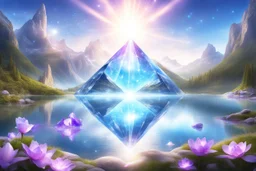 a magic diamond of light and bright over a magic landscape with fairy nature and crystal lake