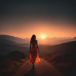 dark night, watching a woman from behind wearing a sleeveless dress who is walking towards a beautiful orange sunrise in the distance, mountains and forests around, photo quality, dark orange glow