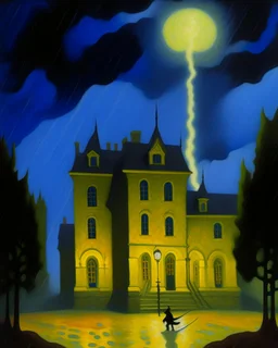 A yellow haunted mansion in a thunderstorm painted by Georges Seurat