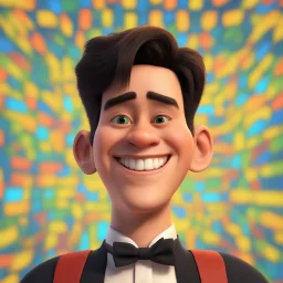 a portrait of smiling man. caricature. black thin rare hair. honey skin. black eye pupils. rectangle face shape. formal dress with black vest. pixar style. 3D. 4k. portrait. highly detailed. sharp focus. high resolution. full color. cinema lighting