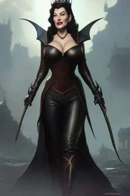 Ava Gardner as evil queen in black leather, busty, cleavage, curvy, angry, stern look. character design by cory loftis, fenghua zhong, ryohei hase, ismail inceoglu and ruan jia. unreal engine 5, artistic lighting, highly detailed, photorealistic, fantasy