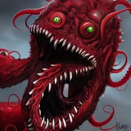 Red Tentacle monster with teeth, horror, detailed, realistic, gore, eyes, 4K, fantasy, scary, demonic