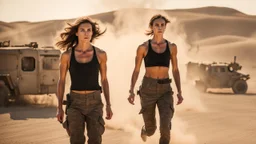 beautiful slender caucasian female technician, black tank top, angry, running, well toned muscles, weathered face, scratched sand camo metal details, short brunette wavy bob haircut, dystopian, desert scene with smoke and explosions,