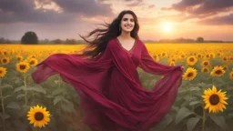 Hyper Realistic Photographic-view of a Beautiful-Young-Happy-Pashto-Woman-with-beautiful-eyes-Smiling with beautiful-long-black-hair-&-pink-dress-with-maroon-shawl & breeze-whirling in a sunflower-field with a tree behind & cloudy-sunset showing dramatic & cinematic ambiance