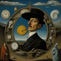 cover art surrealist painting called 'today I am thinking about time by dali and picasso and magritte and Breughel