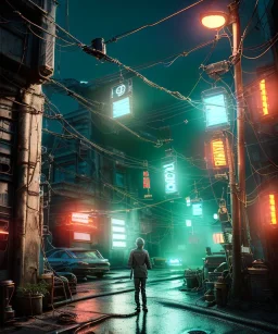 Ultra realistic photographic night portrait, cinematic, <Asian woman>+<Asian doctor old man><hanging wires> <retro computer> <cyberpunk> <many wires><perfect pupil> <cyborg arm> <garage> <wide angle Shot> <sci-fi futuristic> <thriller>, color fog, soft color, highly detailed, unreal engine 5, ray tracing, RTX, lumen lighting, ultra detail, volumetric lighting, high definition.