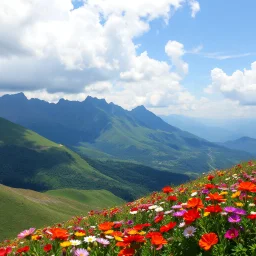 beautiful Green hills covered with flowers colorfull ,blue sky pretty clouds ,very nice flowers at closeup ,wonderfull mountains at distance