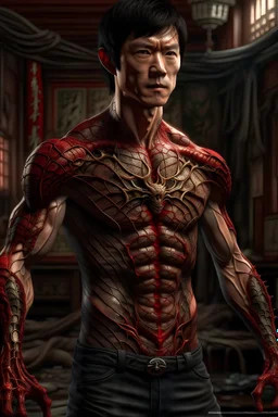 Fhoto full body, reality, Raw, Bruce Lee as spiderman, digital art, intricate details, powerful composition, captivating, , trending on artstation, sharp focus, studio photo, intricate details, highly detailed, by addie_digi