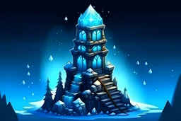 Fantasy Cartoon magic tower with wooden rafters, blue glowing crystals and dark stone covering it the the winter mountains
