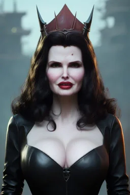 Geena Davis as evil queen in black leather, leather, busty, cleavage, angry, rage, stern look. character design by cory loftis, fenghua zhong, ryohei hase, ismail inceoglu and ruan jia. unreal engine 5, artistic lighting, highly detailed, photorealistic, fantasy