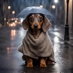 Make a picture of a sitting wire-haired dachshund on a rain-soaked street with lit street lights along the pavement, it is night, a thick soft blanket is wrapped around the body, holding a small teddy bear in its mouth, an umbrella is attached to the blanket which has many lovely soft folds in which lie three little dachshund puppies wrapped in the folds to keep warm, the umbrella protecting them all from a heavy rain. highly detailed, . soft lightning, photorealistic,