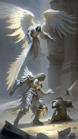 angel reaching a dead paladin, battlefield in the background