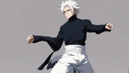 Satoru Gojo is a young guy white hair blue eyes black turtleneck without arms white loose pants in a defensive pose