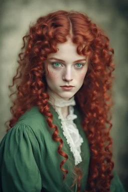 girl with green eyes, freckles, with long blood red curls, dressed in humble clothes from the 19th century