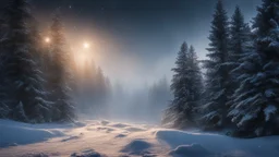 fir forrest scenery, heavy mist,valley,creek,forest,christmas ,tree,,nature,night,snow,fir tree,high-quality photograph,zeiss prime lens, bokeh , high detail, smooth render, unreal engine 5, dust effect, vivid colors,night