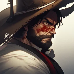 Clear focus, High resolution, max detail, Portrait, bearded, Gunslinger, Cowboy, cowboy hat, serious face, Blood Splatter