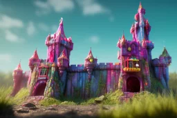 Colorful Gummyworm castle on a sunny summer day, high contrast, no fog