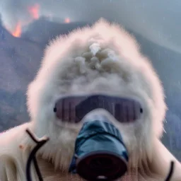 Yeti, wildfires in the background, mountains, fires, smoke, disaster