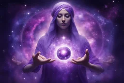 kundalini, connected to the universe, purple galaxy, holding universes in hands