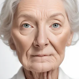 50s middle aged old woman looking at camera isolated on white background advertising dry skin care treatment anti age skincare beauty, plastic surgery, cosmetology procedures. Close up half face view