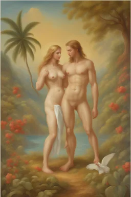 Adam and Eve in a very beautiful paradise, in the style of oil painting