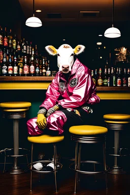 photo of a cow dressed bosozoku outfit sitting at a table in a bar with a bar stools, bottle beer, award winning photography, Elke vogelsang, bosozoku outfit, award winner photo, best composition
