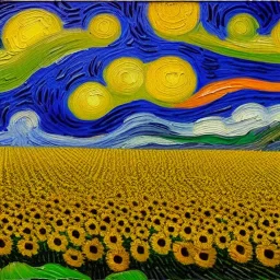 Dibujo al aceite de Campo de Girasoles con muchas nubes de colores estilo Vincent van Gogh