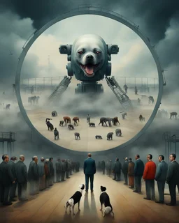 Bosch painting style, nightmare , prisoners lined up in circle , one after another , in the middle a an Ai robot as guard with a dog , great quality picture with cinematic scenes , heavy clouds in the background