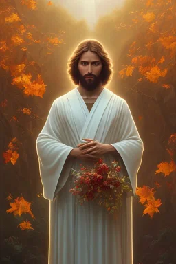 Jesus portrait , detailed hands, at dawn by atey ghailan, golden light , white robe, holding leaves and flowers , angels background, volumetric light, high detail, red leaf tree, mountains in background, perfect