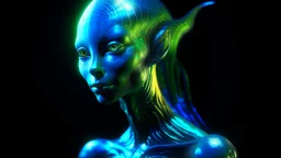 A Photograph with bioluminescent and bioluminous artistic style portrays a divine mermaid alien humanoid. A curvy model front facing with bioluminescent wet translucent irredescent skin etheral glowing eyes, large head fins and ear fins flowing showcases an alluring, perfect face in ultra-realistic detail. The composition imitates a cinematic movie, with dazzling, golden, and silver light effects. The intricate details, sharp focus, and crystal-clear skin create a highly detailed,