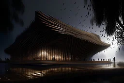futuristic Iranian theatre with parametric wooden outer skin, vernacular architecture, in the marsh, wooden structure, sloped roof, wealth of flora, with dancing performance, fog and rain, light ray