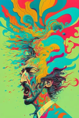 Man whose head is evaporating into the chaotic wind; Pop Art; Surrealism; Salvador Dali, Alex Pardee, Insanely Detailed; Intricate; Award-Winning; imperial colors