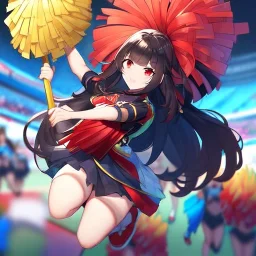 Clear focus, High resolution, long black fluffy hair, red eyes, chopped bangs, wearing a cheerleading outfit, jumping