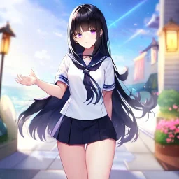 Clear focus, High resolution, Long fluffy black hair, Purple eyes, Wearing a sailor uniform, must be wearing a short skirt